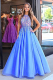 Vestido de fiesta princesa con cuello redondo y encaje de organza azul con apliques