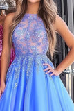 Vestido de fiesta princesa con cuello redondo y encaje de organza azul con apliques