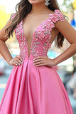 Princesa Rosa Brillante Vestido de Fiesta Largo de Satén con Cuello en V con Apliques