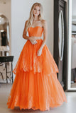 Vestido de fiesta largo de encaje con volantes de 2 piezas de novia de línea A naranja