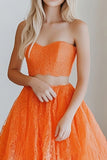 Vestido de fiesta largo de encaje con volantes de 2 piezas de novia de línea A naranja