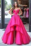 Vestido de fiesta largo de satén alto y bajo fucsia princesa