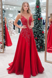 Vestido de fiesta largo de tirantes de espagueti rojo brillante con tirantes de espagueti con apliques de lentejuelas