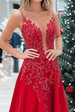 Vestido de fiesta largo de tirantes de espagueti rojo brillante con tirantes de espagueti con apliques de lentejuelas