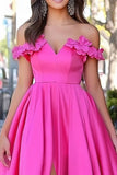 Vestido de fiesta con apliques de apliques de satén fucsia con abertura