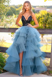 Negro Azul Organza con apliques Una línea Vestido de Fiesta con Volantes con Abertura