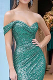 Vestido largo de lentejuelas de sirena verde brillante con hombros descubiertos