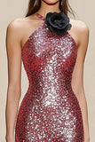 Vestido de gala sirena halter rojo brillante con flores 3D