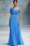 Vestido largo de gala fruncido azul A Line Off The Shoulder