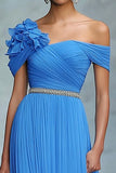 Vestido largo de gala fruncido azul A Line Off The Shoulder