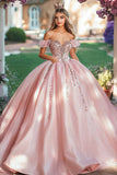 Vestido de XV Blush fuera del hombro princesa de satén con apliques