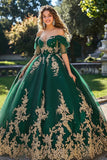 Vestido de VX de Tul Princesa Verde Oscuro con Hombros Descubiertos con Apliques