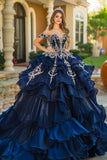 Princesa Azul Marino Vestido de XV de Organza con Volantes y Apliques