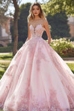 Vestido de XV de tul sin tirantes de princesa Blush con apliques