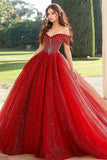 Vestido de Quinceañera Princesa Rojo con Hombros Descubiertos con Brillos