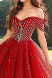 Vestido de Quinceañera Princesa Rojo con Hombros Descubiertos con Brillos