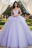 Vestido de Quinceañera de tul con apliques lavanda con hombros descubiertos