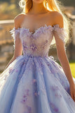 Vestido de fiesta princesa lavanda con hombros descubiertos Vestido de quinceañera de tul con apliques de lentejuelas