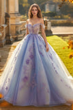 Vestido de fiesta princesa lavanda con hombros descubiertos Vestido de quinceañera de tul con apliques de lentejuelas