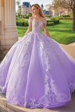 Vestido de fiesta princesa lila con hombros descubiertos Vestido de quinceañera de tul con apliques