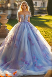 Vestido de fiesta de princesa lavanda con hombros descubiertos Vestido de quinceañera de tul con flores en 3D