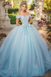 Elegante vestido de fiesta azul cielo con hombros descubiertos Vestido de quinceañera de tul con lazo