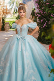 Vestido de fiesta azul cielo princesa con hombros descubiertos con apliques delanteros con cordones Vestido de quinceañera de tul con lazo