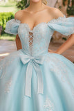 Vestido de fiesta azul cielo princesa con hombros descubiertos con apliques delanteros con cordones Vestido de quinceañera de tul con lazo