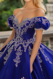 Vestido de fiesta azul princesa real con hombros descubiertos Vestido de quinceañera de tul con apliques de encaje