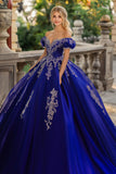 Vestido de fiesta azul princesa real con hombros descubiertos Vestido de quinceañera de tul con apliques de encaje