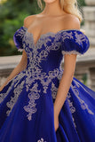 Vestido de fiesta azul princesa real con hombros descubiertos Vestido de quinceañera de tul con apliques de encaje