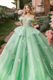 Vestido de fiesta de princesa menta con volantes de hombros descubiertos Vestido de quinceañera de tul con apliques de encaje