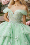 Vestido de fiesta de princesa menta con volantes de hombros descubiertos Vestido de quinceañera de tul con apliques de encaje