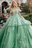 Vestido de fiesta de menta brillante con hombros descubiertos con volantes de tul y apliques de lentejuelas