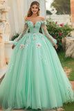 Vestido de quinceañera de tul menta con hombros descubiertos y flores en 3D