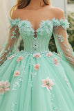 Vestido de quinceañera de tul menta con hombros descubiertos y flores en 3D