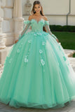 Vestido de quinceañera de tul floral menta con mangas largas