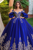 Vestido de fiesta de novia azul real Vestido de quinceañera de tul con apliques y medias mangas