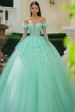 Princesa Mint Off The Shoulder Vestido de Quinceañera con Apliques de Tul