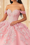 Vestido de XV de Tul Princesa Rosa con Hombros Descubiertos con Apliques