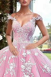 Vestido de XV Rosa Brillante con Hombros Descubiertos con Flores 3D