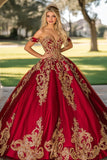 Vestido de XV de Satén Dorado Rojo Brillante con Apliques