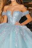 Vestido de XV azul cielo princesa con hombros descubiertos Vestido de quinceañera de tul con apliques