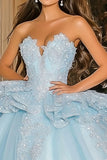 Vestido de fiesta azul cielo brillante con volantes sin tirantes Vestido de quinceañera de tul con apliques