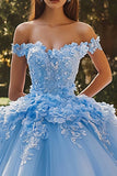 Vestido de fiesta azul cielo brillante con hombros descubiertos con lentejuelas flores en 3D Vestido de quinceañera de tul