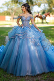 Vestido de Quinceañera con apliques de encaje de tul con hombros descubiertos azules