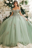 Vestido de Quinceañera de Tul con apliques de encaje Verde Empolvado con Hombros al descubierto