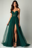 Verde Oscuro A Line Sweetheart Strapless Tulle Vestido de Fiesta Largo con Abertura