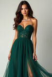 Verde Oscuro A Line Sweetheart Strapless Tulle Vestido de Fiesta Largo con Abertura