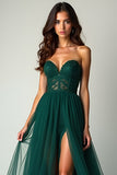 Verde Oscuro A Line Sweetheart Strapless Tulle Vestido de Fiesta Largo con Abertura